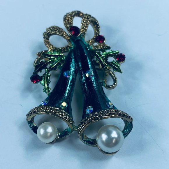 Long Two Bell Christmas Holiday Brooch Pin Holly Faux Pearls Rhinestone Bows - Picture 12 of 16